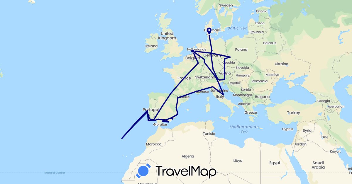 TravelMap itinerary: driving in Czech Republic, Germany, Spain, Italy, Luxembourg, Netherlands, Poland, Portugal, Slovenia (Europe)